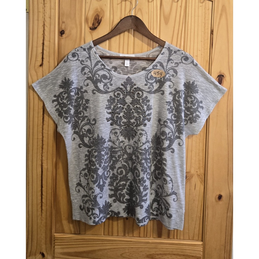 Dress Barn Women's Short Sleeve‎ Top Size LG Grey White Silver Shimmer Round